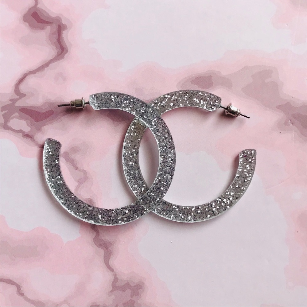 Silver Fun Plastic Glitter Hoop Earrings